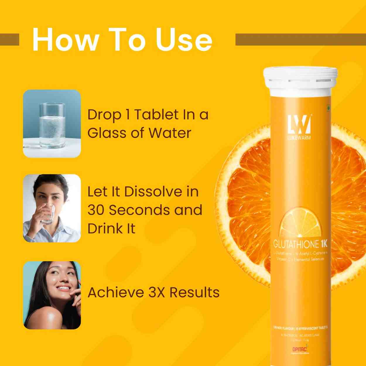 Lukewarm Glutathione 1K Orange Flavour, 15 Effervescent Tablets