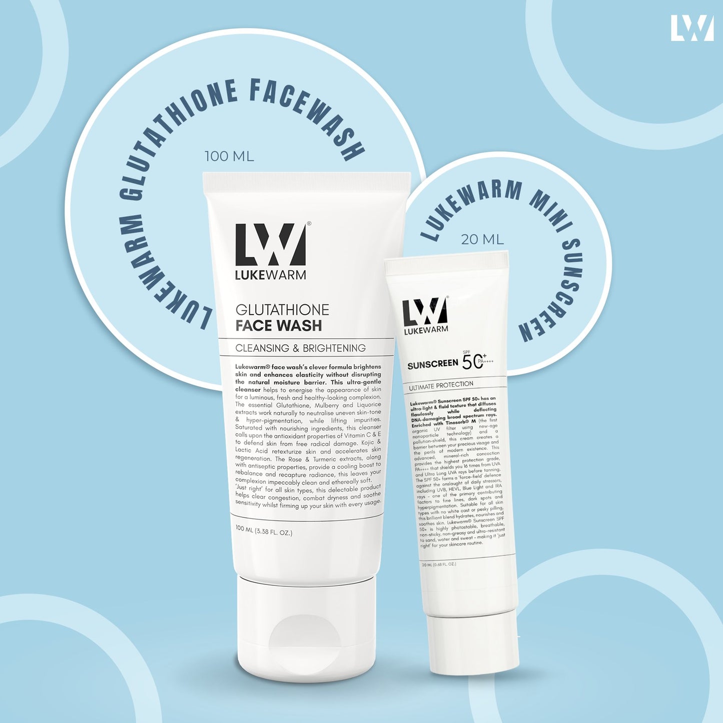 Lukewarm Glutathione Facewash, 100ml + Lukewarm Mini Sunscreen Travel Pack, 20ml - Lukewarm