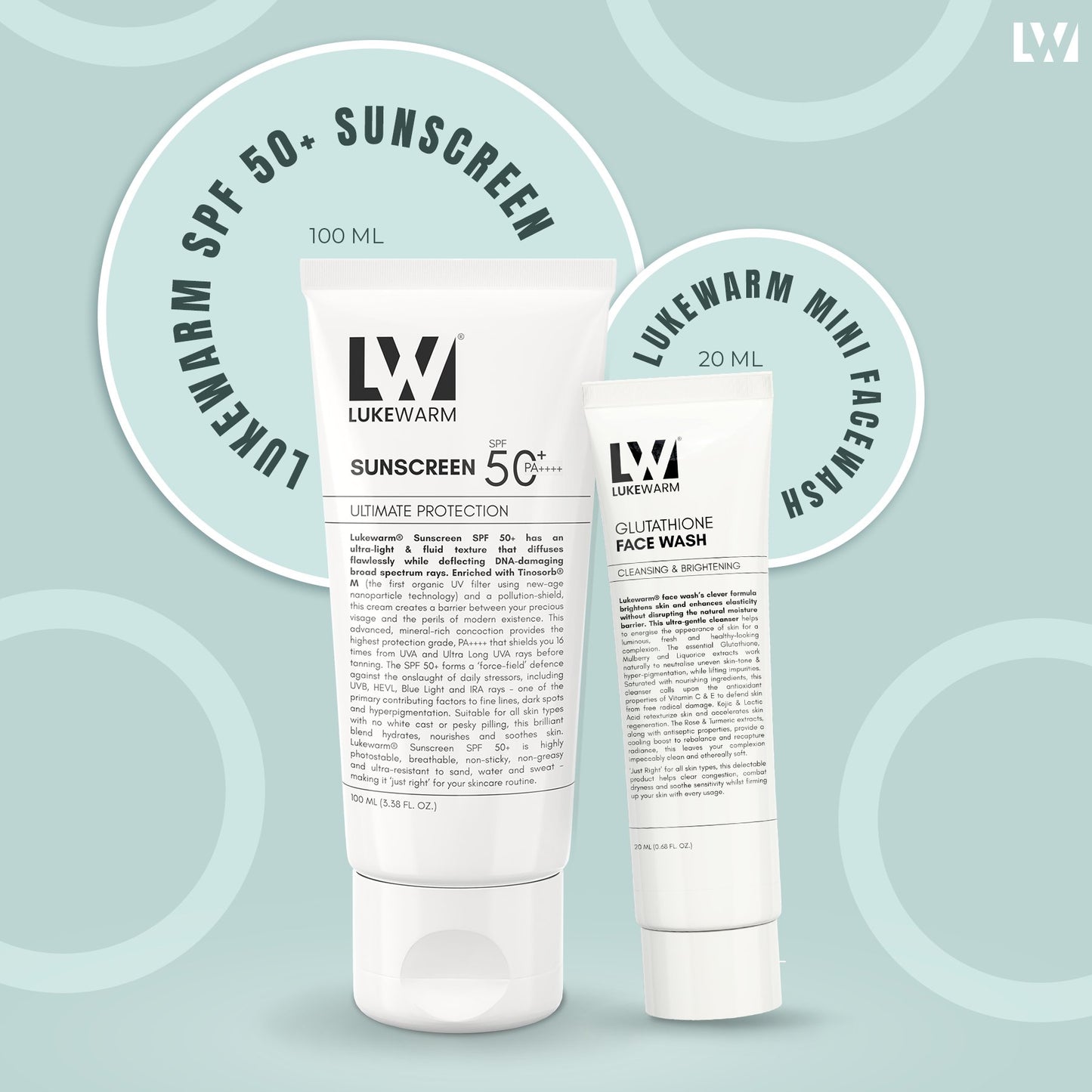 Lukewarm Sunscreen SPF50+ PA++++, 100ml + Lukewarm Mini Facewash Travel Pack, 20ml - Lukewarm
