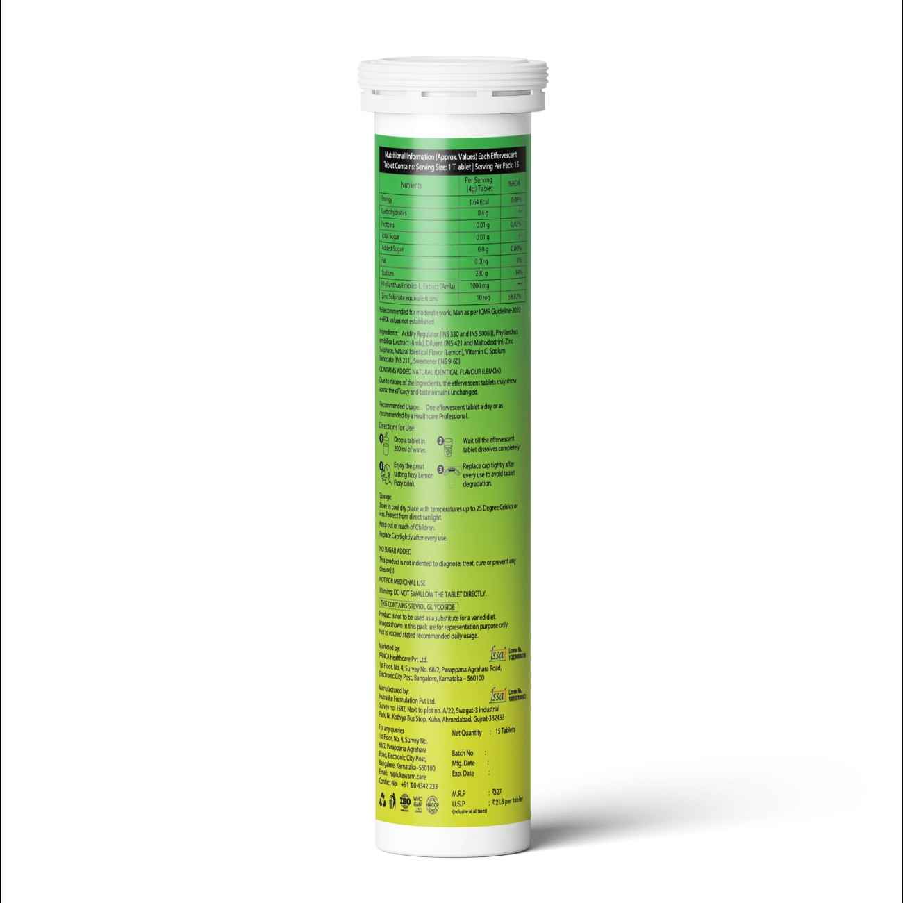 Natural Vitamin C from Amla + Zinc | Refreshing Lemon Flavour, 15 Tabs