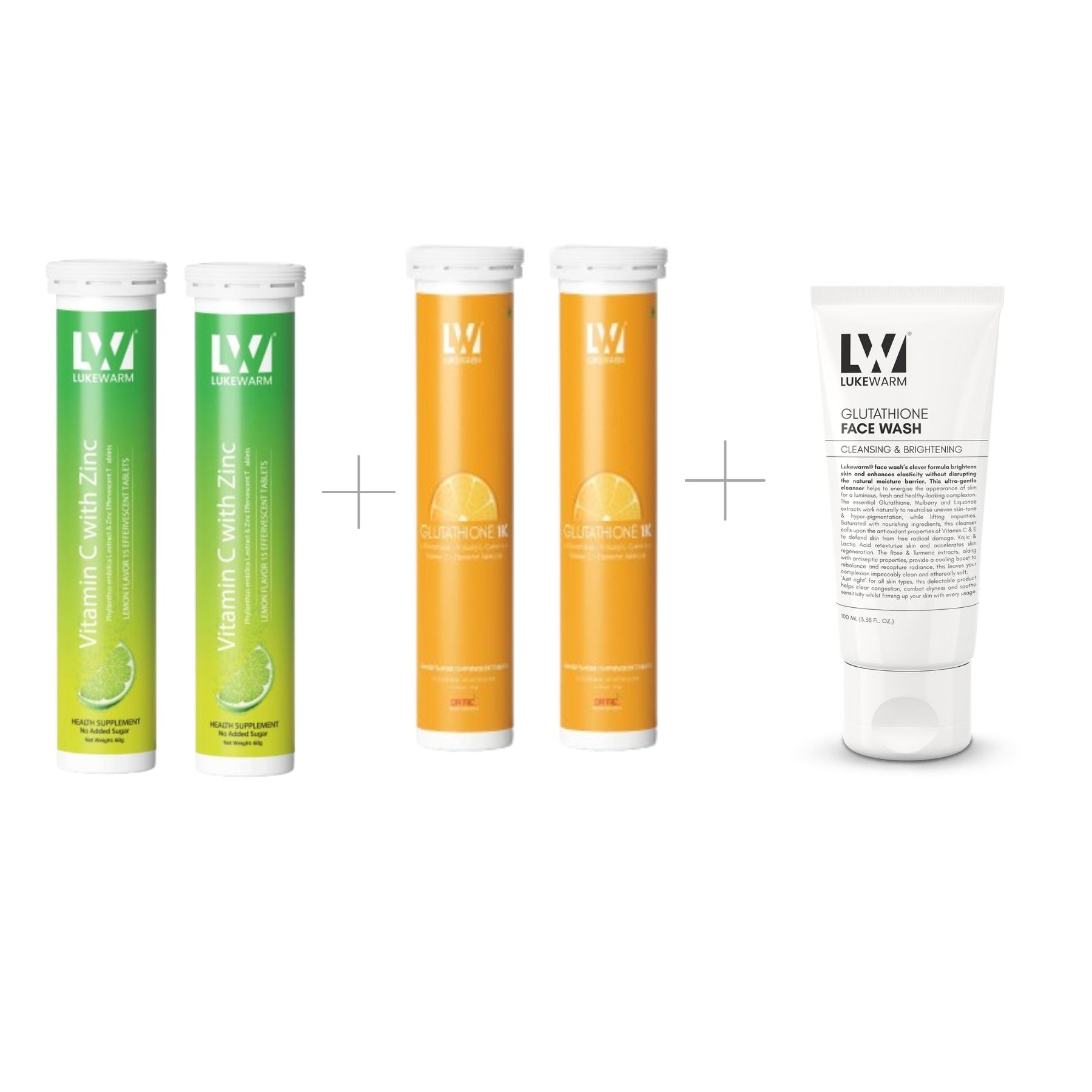 Lukewarm Glutathione 1K Orange Flavour & Vitamin C with Zinc (Pack of 2) + Lukewarm Glutathione Face Wash, 100ml - Lukewarm