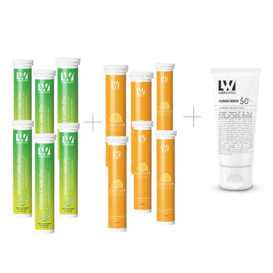Lukewarm Glutathione 1K Orange Flavour & Vitamin C with Zinc (Pack of 6) + Lukewarm Sunscreen, 100ml - Lukewarm