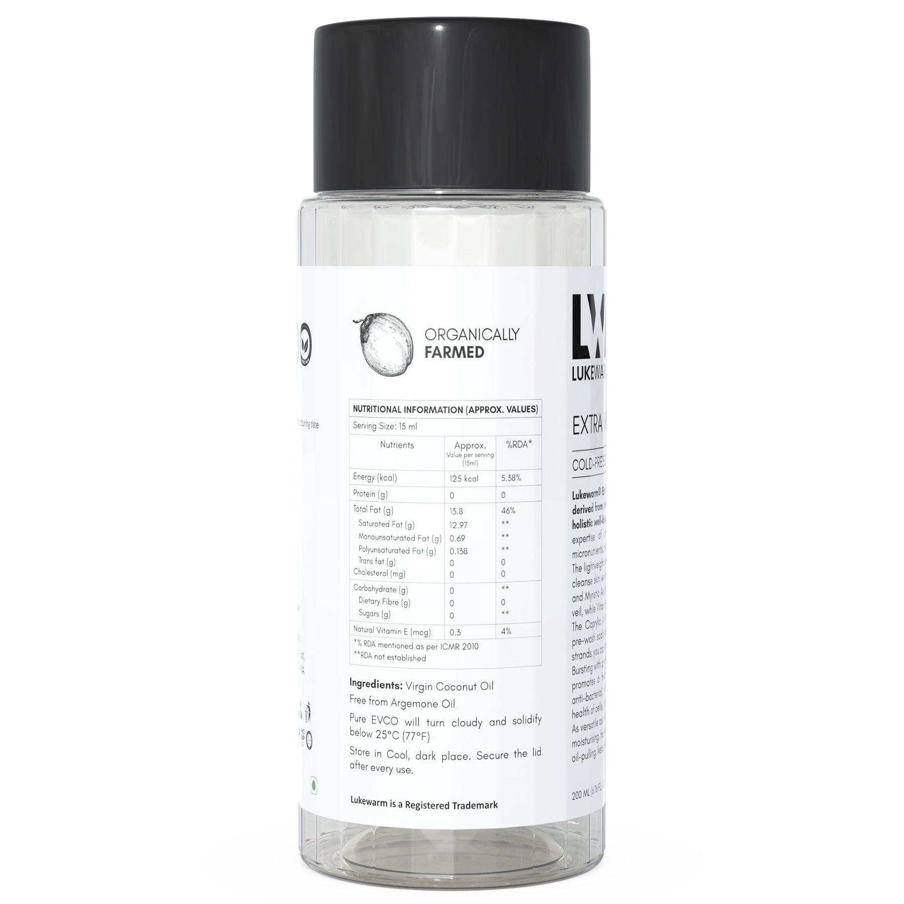 Lukewarm Extra Virgin Coconut Oil (Cold Pressed Raw & Pure), 200ml : Pure and Premium Nourishment - Inside Out - Lukewarm