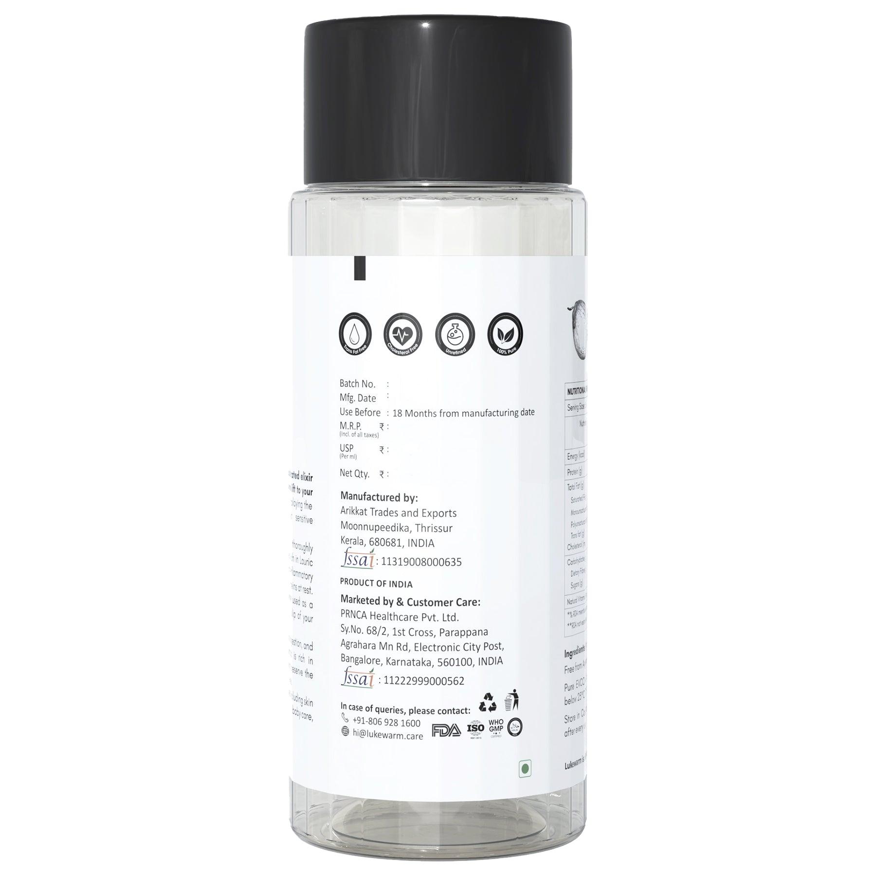 Lukewarm Extra Virgin Coconut Oil (Cold Pressed Raw & Pure), 200ml : Pure and Premium Nourishment - Inside Out - Lukewarm